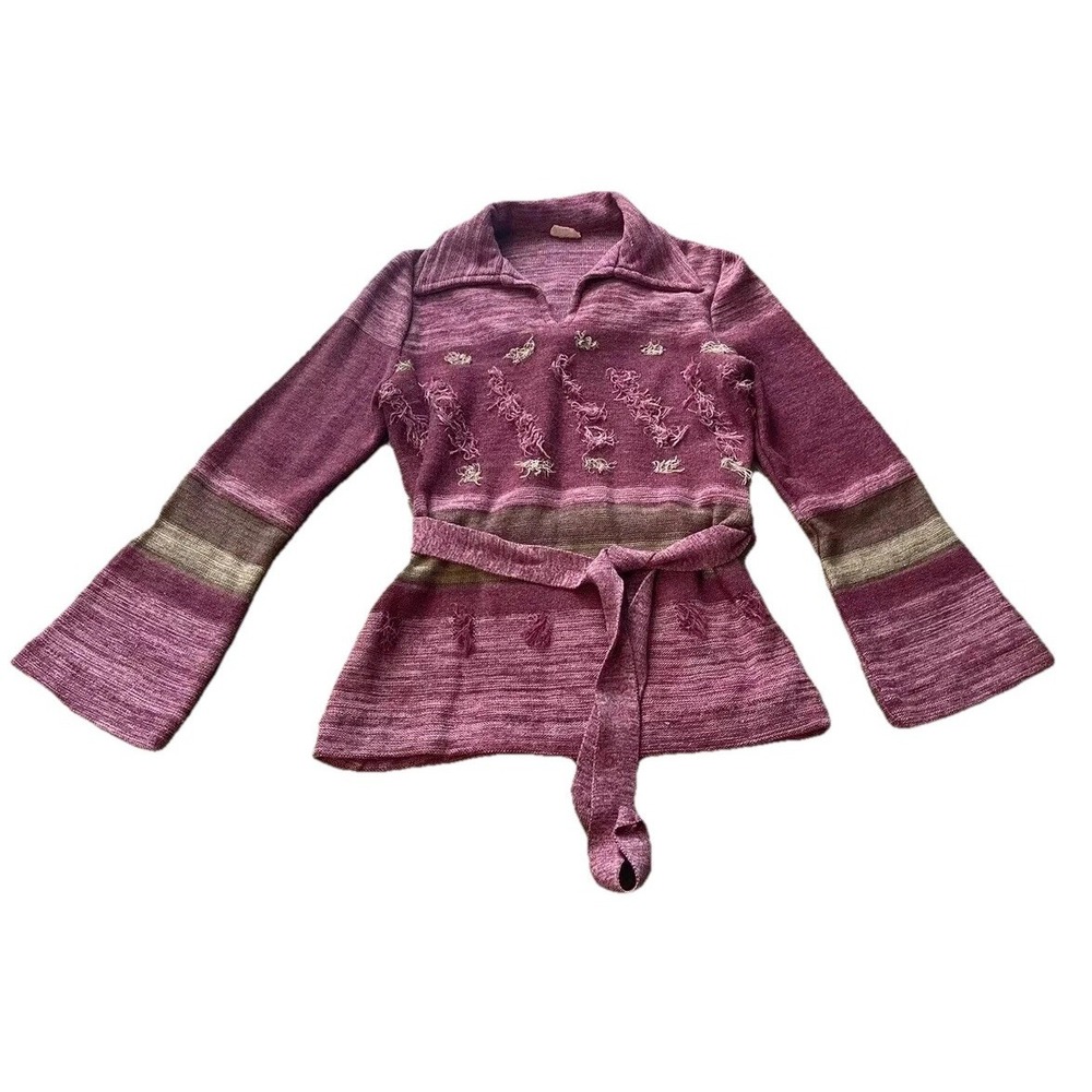 Vintage Women's Red Eye Collar V-neck Raspberry Pink Purple Long Sleeve Shirt